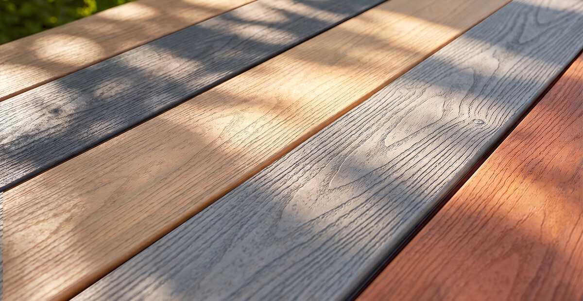 A close-up of weathered wooden deck boards in gray, tan, and reddish brown, with sunlight casting diagonal shadows across the planks.